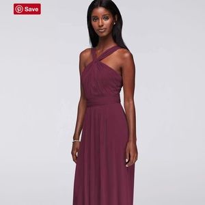 David’s Bridal Y-neck long mesh bridesmaids dress